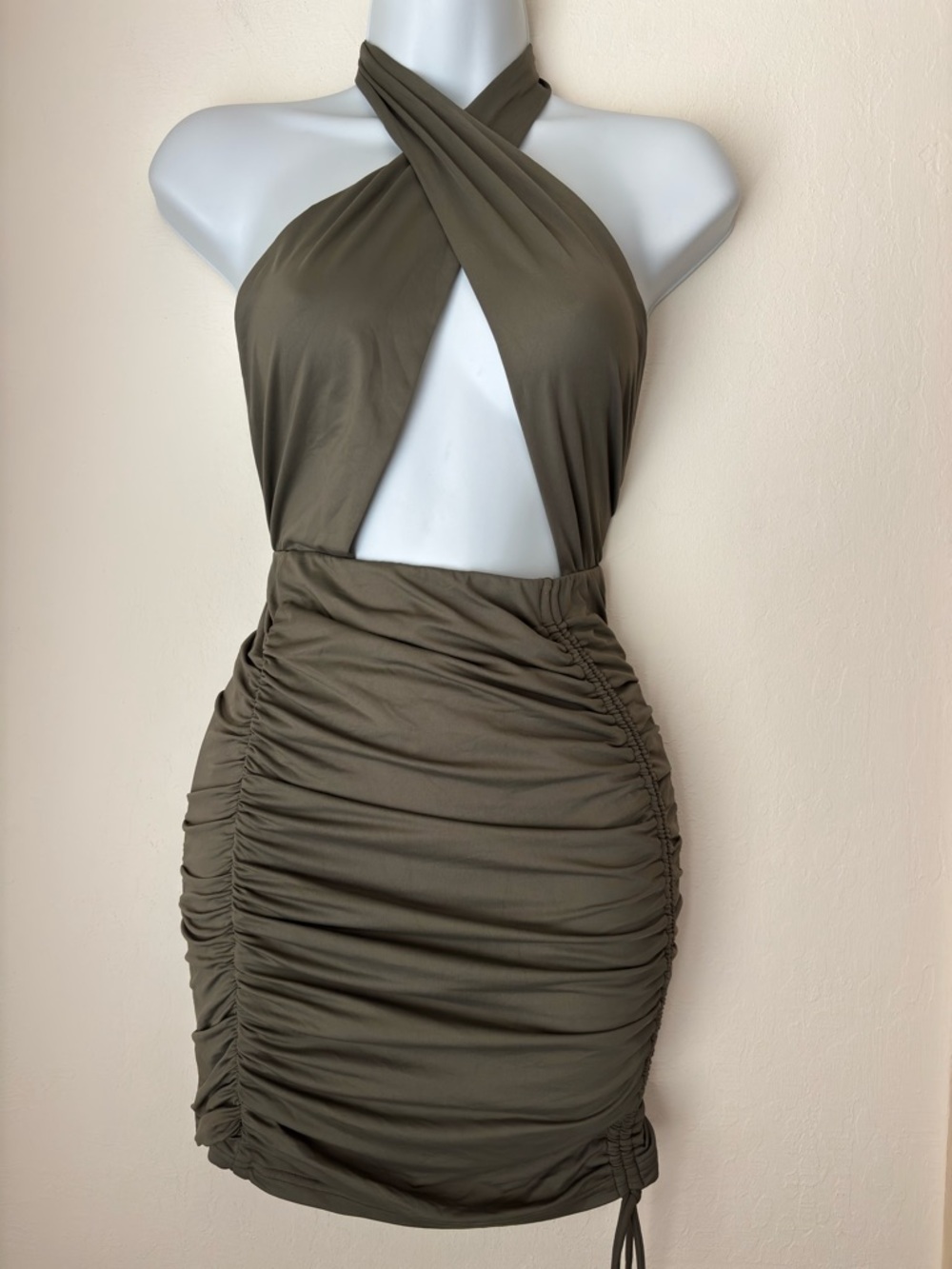 Babyboo Ruched Tie Halter Bodycon Mini Dress Size Small Green Event Cocktail